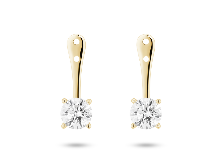 Front view of 1 carat total weight round brilliant ear jacket earrings in 14k yellow gold