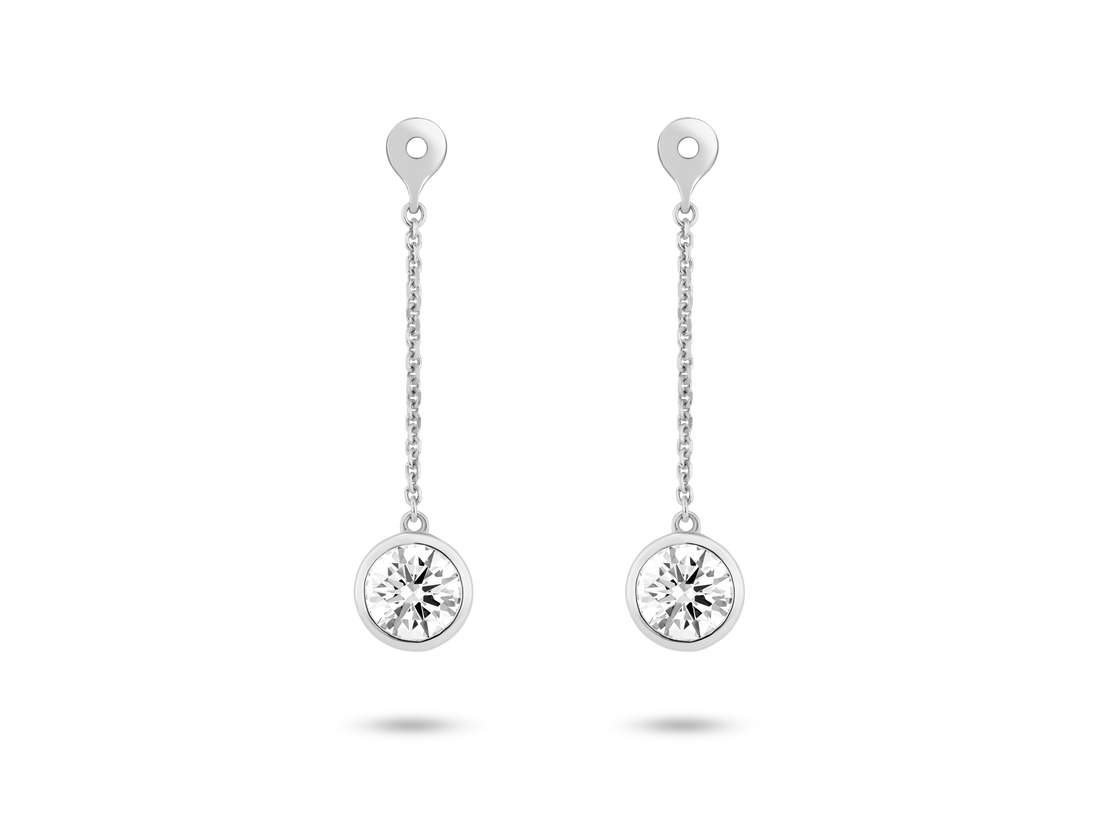 Front view of 1 carat total weight round brilliant bezel drop ear jacket earrings in 14k white gold