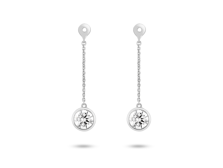 Front view of 1 carat total weight round brilliant bezel drop ear jacket earrings in 14k white gold