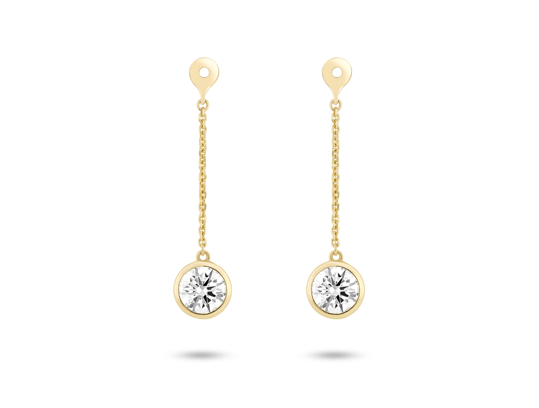 Front view of 1 carat total weight round brilliant bezel drop ear jacket earrings in 14k yellow gold