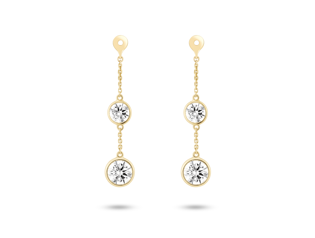 Front view of 1.5 carat total weight round brilliant double drop bezel ear jacket earrings in 14k yellow gold