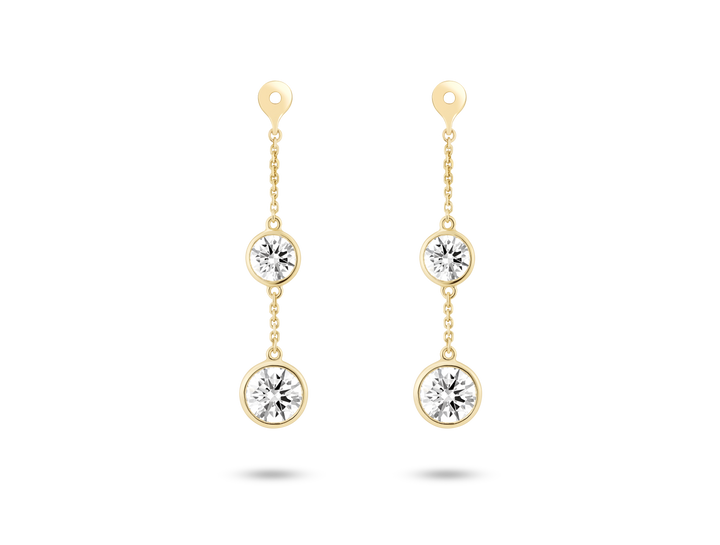 Front view of 1.5 carat total weight round brilliant double drop bezel ear jacket earrings in 14k yellow gold