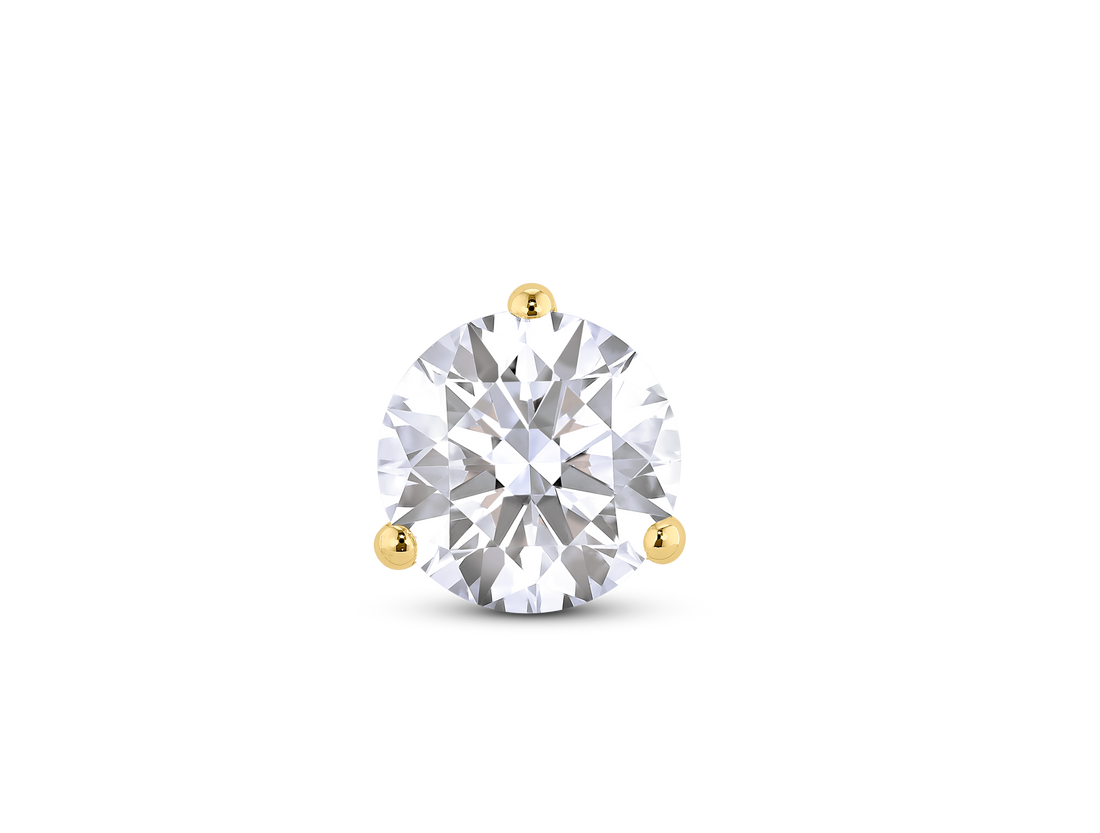 Front view of 1 1/2 carat total weight round brilliant solitaire single stud in 14k yellow gold