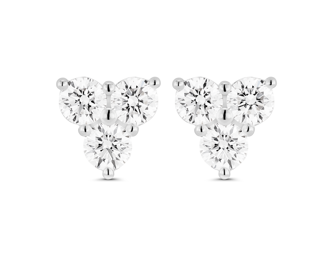 Front view of 0.6 carat total weight mini trio earrings in 14k white gold