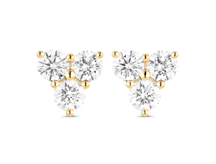 Front view of 0.6 carat total weight mini trio earrings in 14k yellow gold