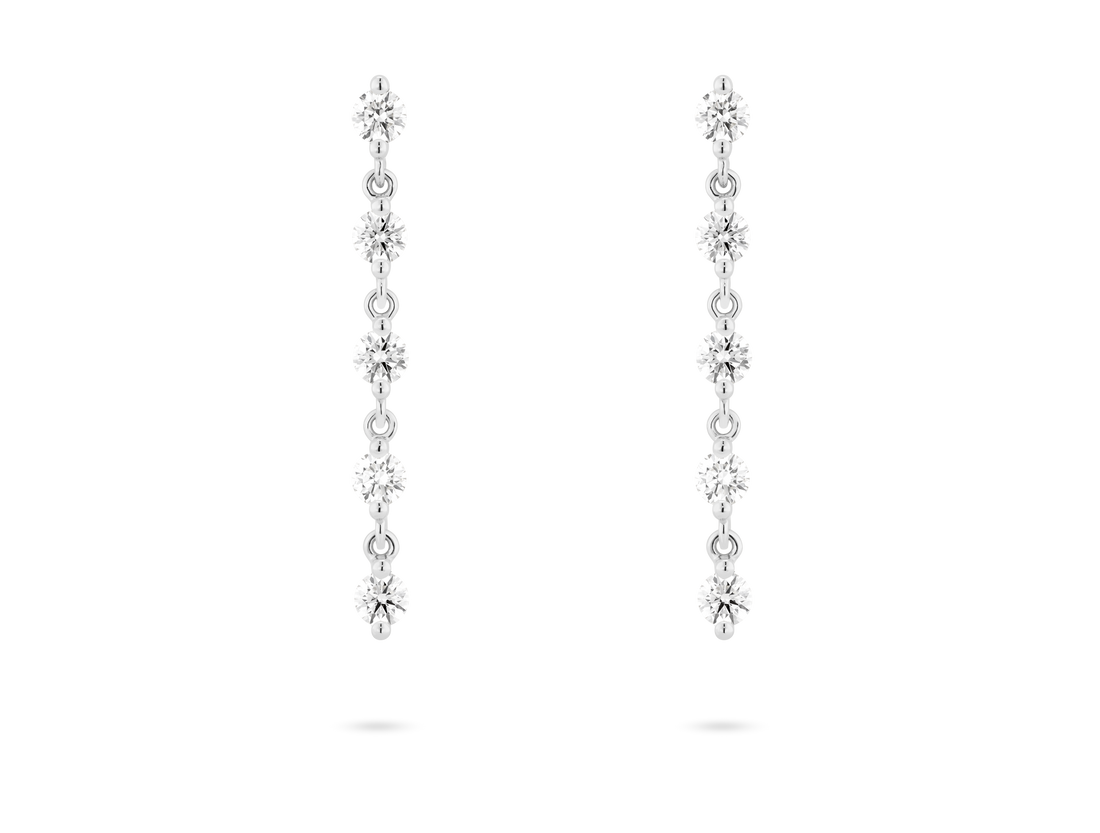 Front view of 1.2 carat total weight round brilliant line drop earrings in 14k white gold