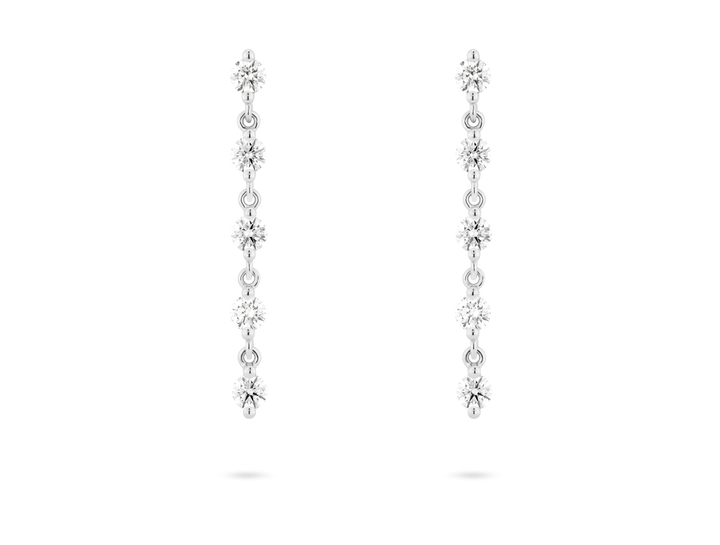 Front view of 1.2 carat total weight round brilliant line drop earrings in 14k white gold