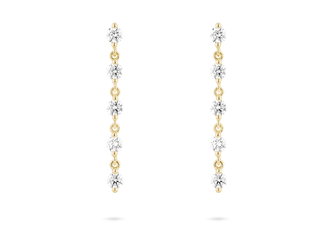 Front view of 1.2 carat total weight round brilliant line drop earrings in 14k yellow gold