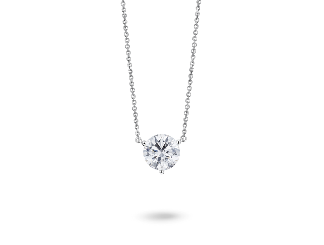 Front view of a lab-grown white 1.5 carat total weight round brilliant solitaire pendant in 14k white gold