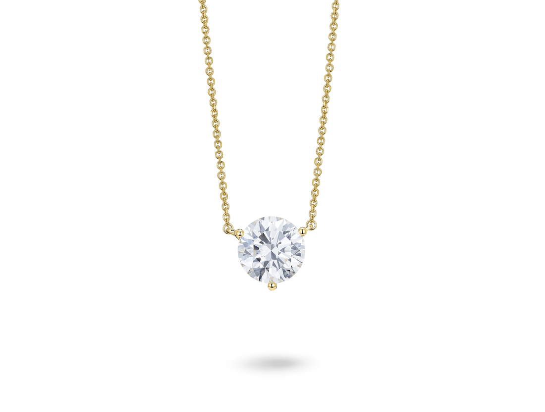 Front view of a lab-grown white 2 carat total weight round brilliant solitaire pendant in 14k yellow gold