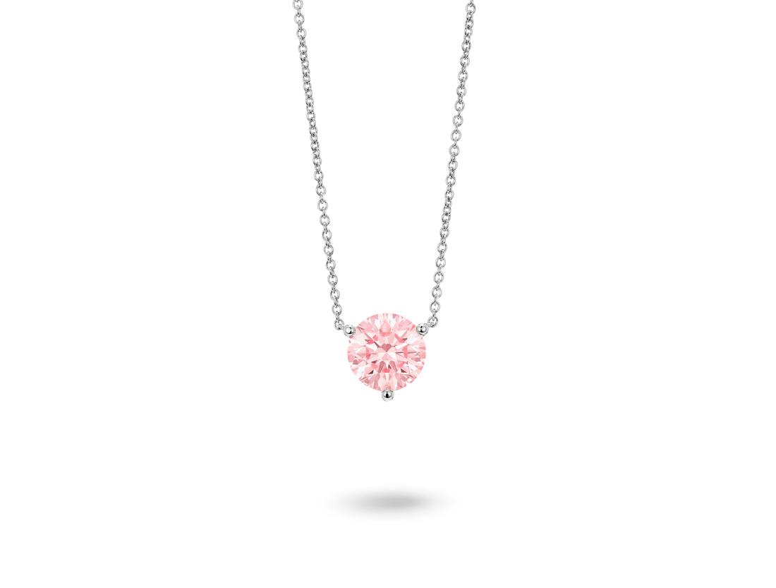 Front view of pink 1.5 carat round brilliant solitaire pendant