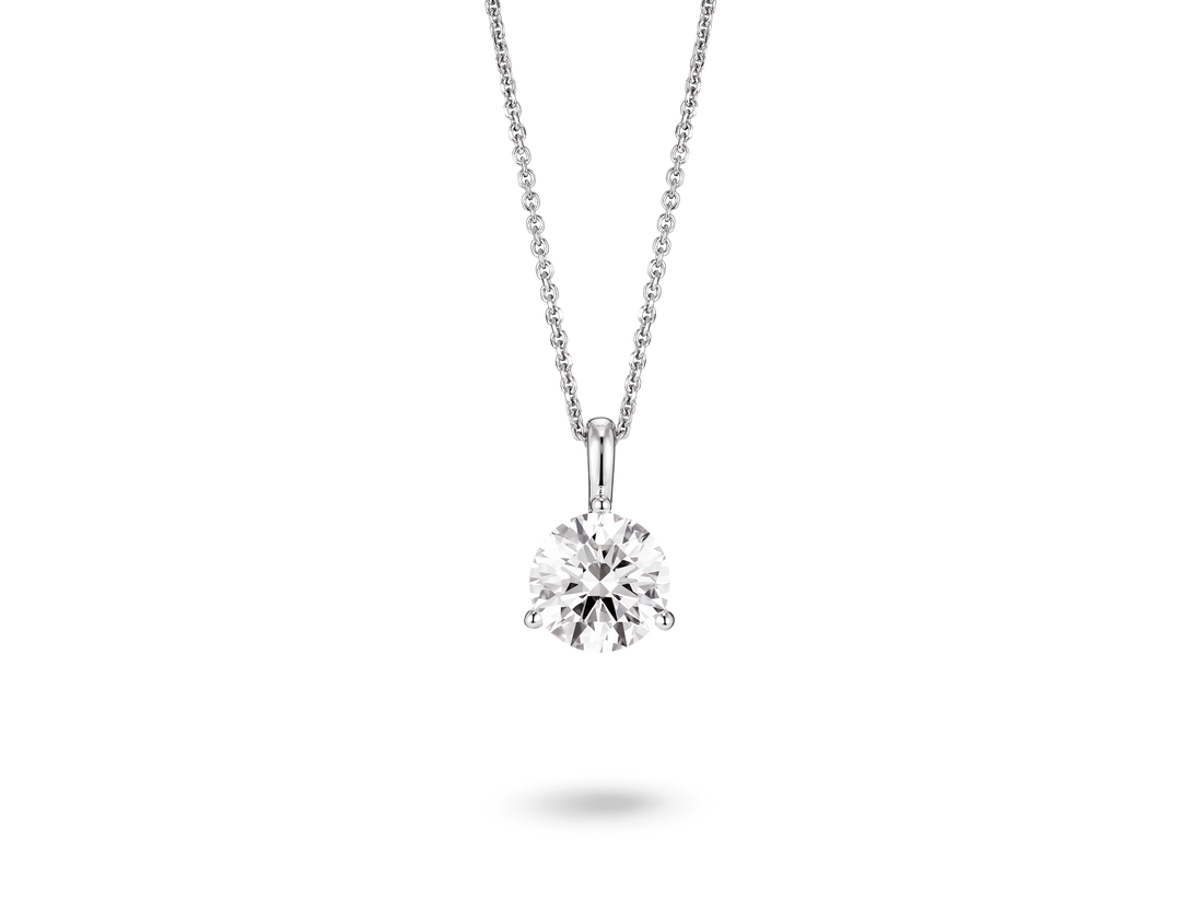 Front view of a lab-grown 1.5 carat round brilliant solitaire on a bale pendant in white gold