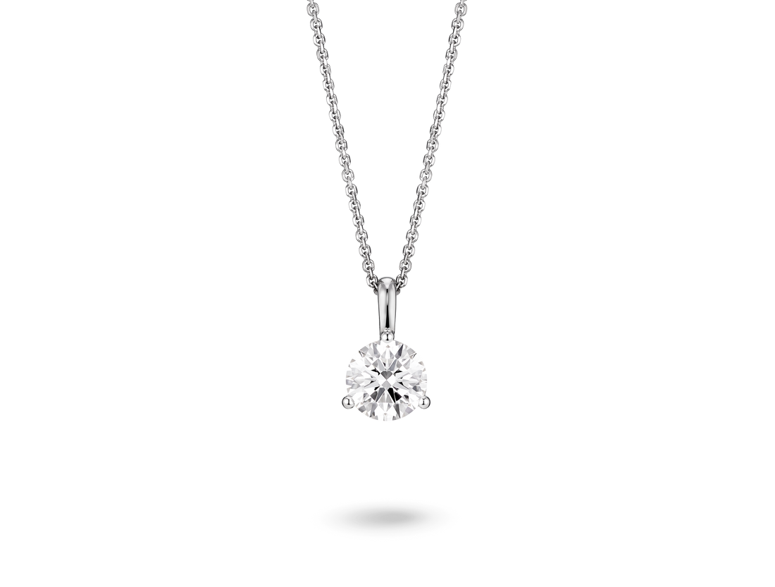 Front view of a lab-grown 1 carat round brilliant solitaire on a bale pendant in white gold