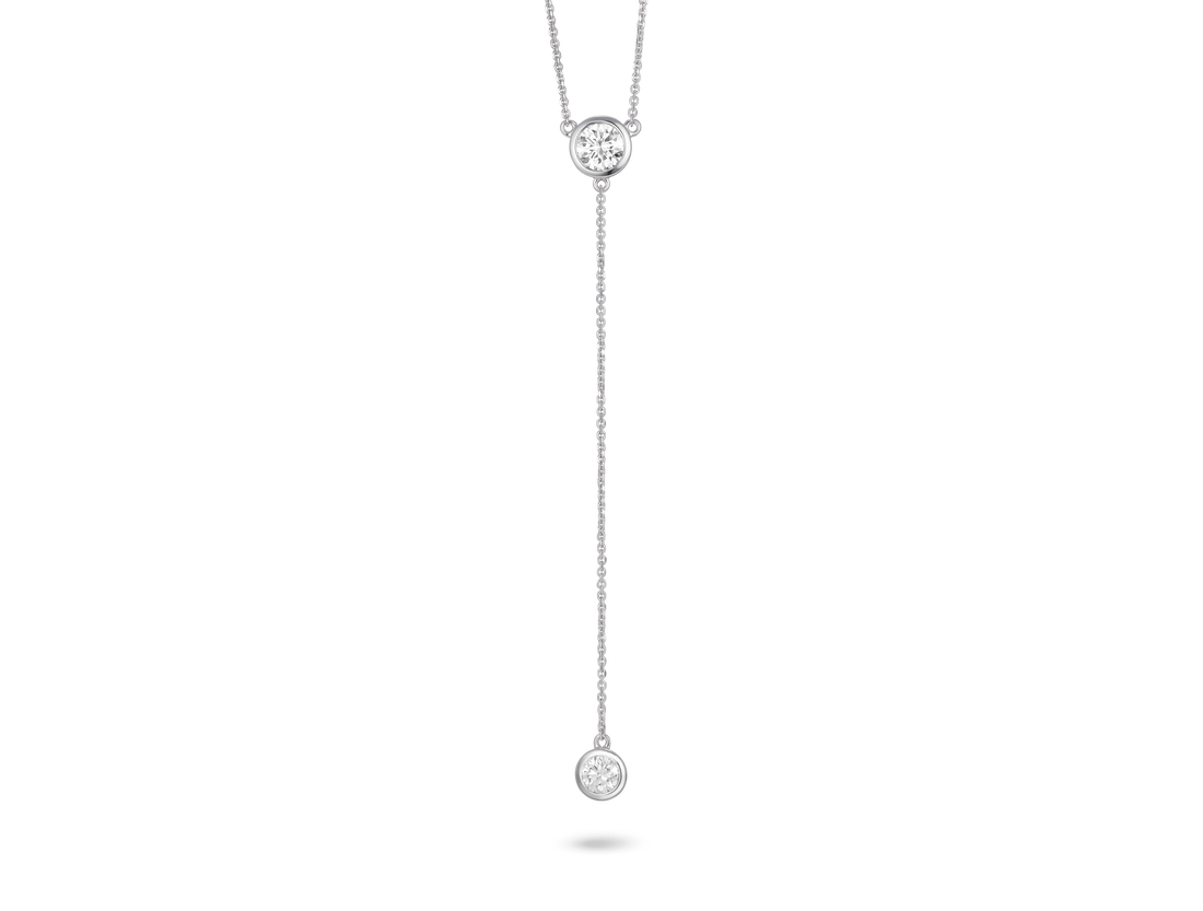 Front view of 0.75 carat lariat pendant in 14k white gold