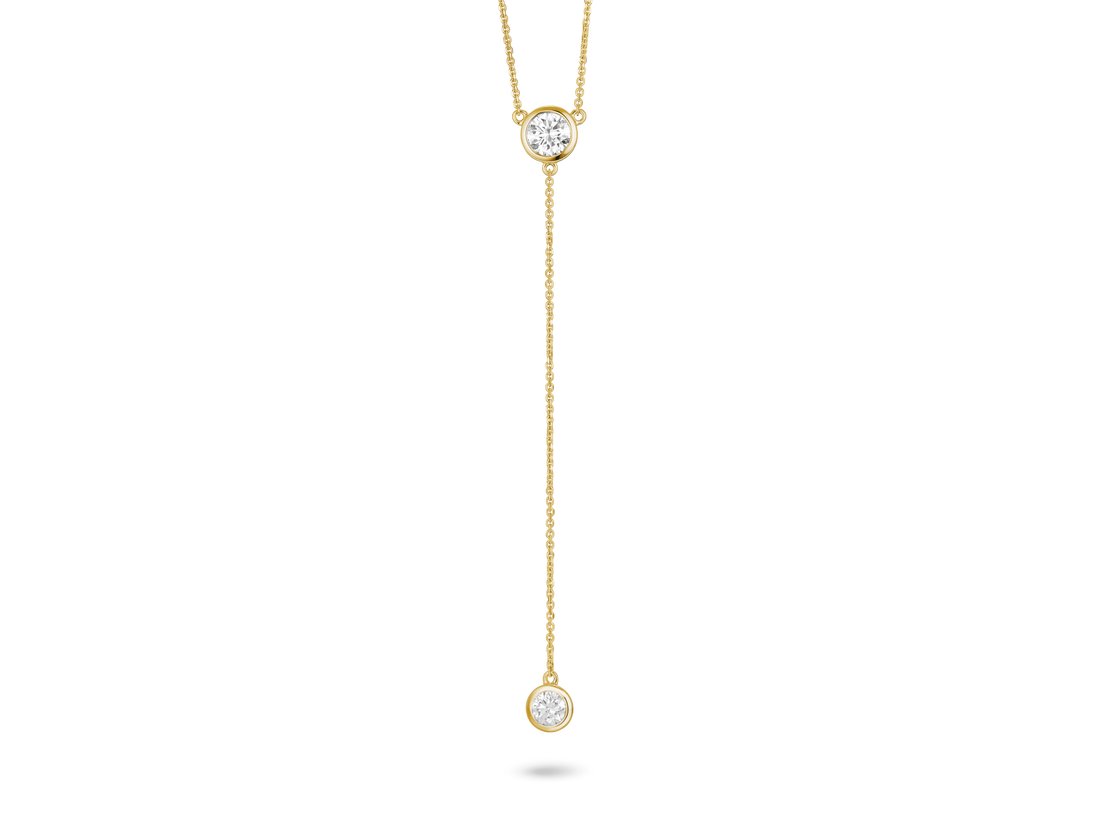 Front view of 0.75 carat lariat pendant in 14k yellow gold