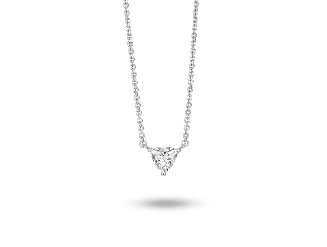 Front view of 0.25 carat trillion cut solitaire pendant in white gold