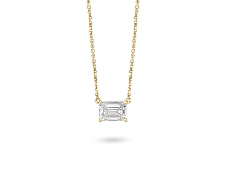 Front view of 1 carat emerald cut solitaire pendant in 14k yellow gold