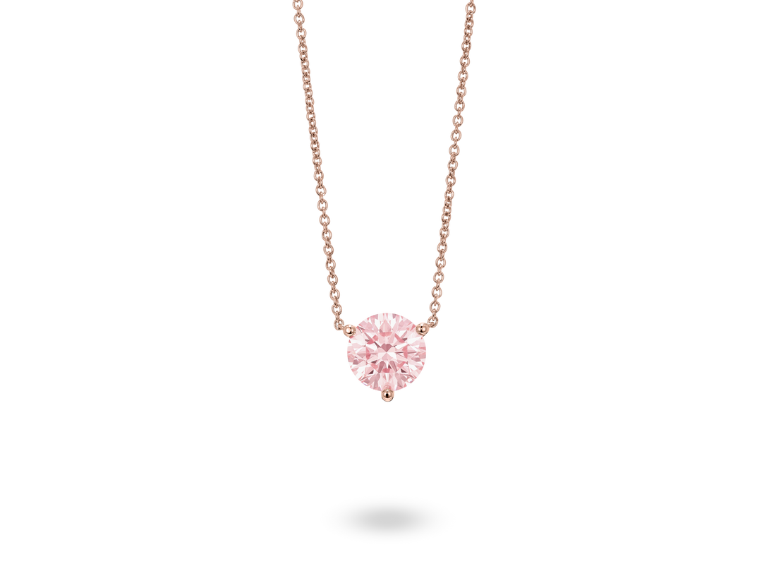 Front view of pink lab-grown 1.5 carat round brilliant solitaire pendant in rose gold