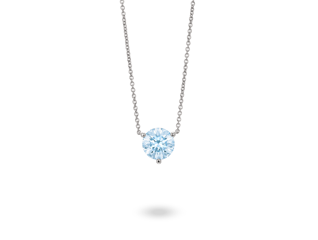 Front view of blue 1.5ct round brilliant solitaire necklace