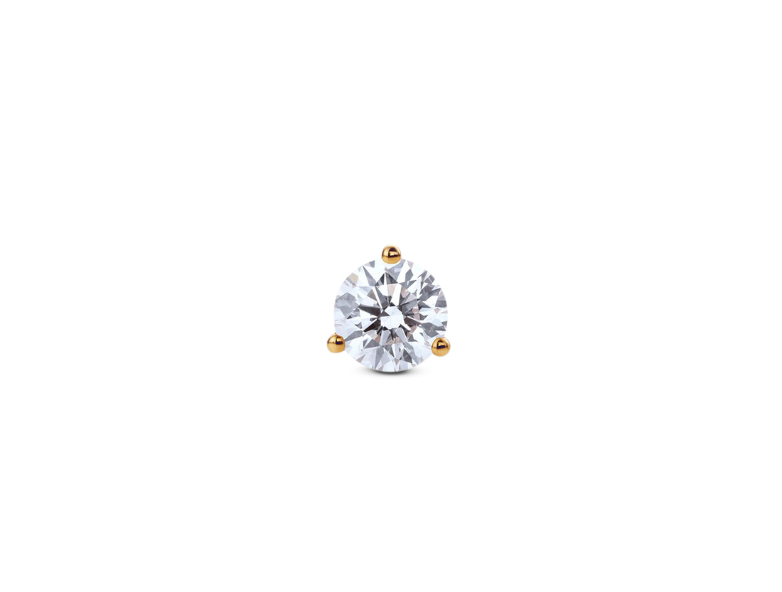 Front view of 1/2 carat round brilliant 14k yellow gold single stud with white diamond